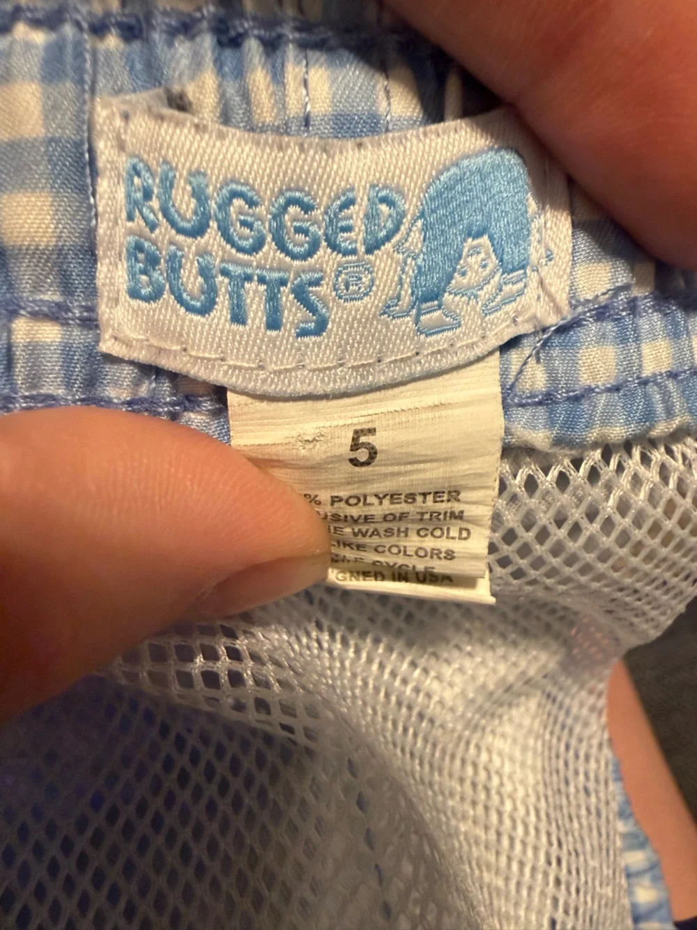 Kids Light Blue Gingham Swim Trunks with Elastic Waist